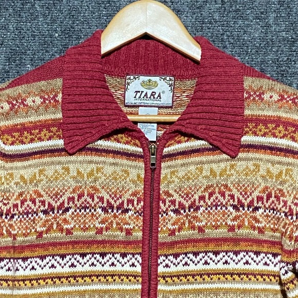 Vintage Tiara International Women's Fair Isle Zip Up Collared Sweater Small Rust - Picture 3 of 11